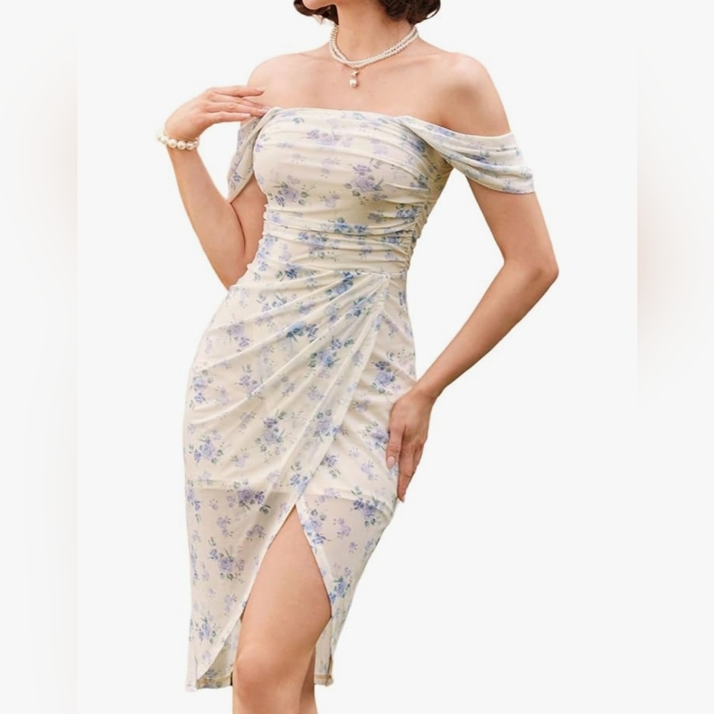 Summer Midi Dress Off Shoulder Short Sleeve Floral Wrap Mesh